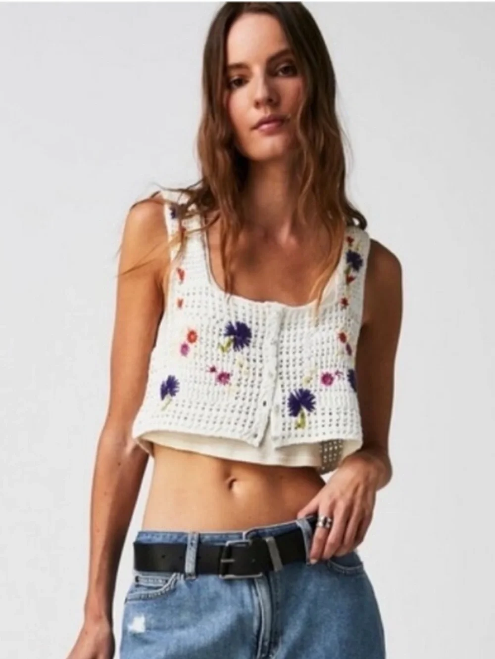 Free People Wildflowers Crochet Tank Crop Top White Floral Flowers Size XL
